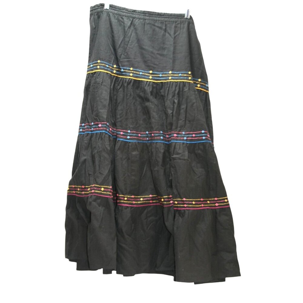 VTG Gypsy‎ Pier 1 Global Boho Hippie Tiered Maxi Skirt Black Cotton Embroidered